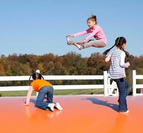 Children playing on a large jumping pillow
