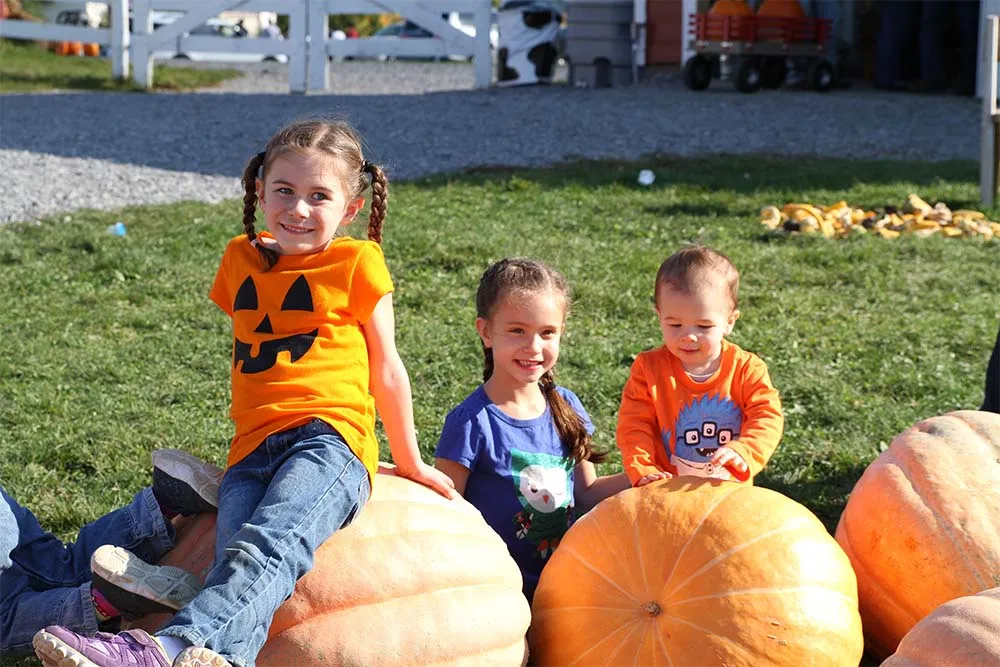 kids sitting on large pumpkins